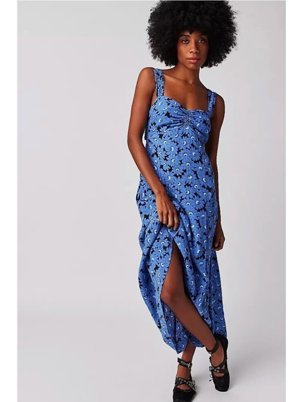 Free People Bright Blue Floral Maxi Dress with Front Slit